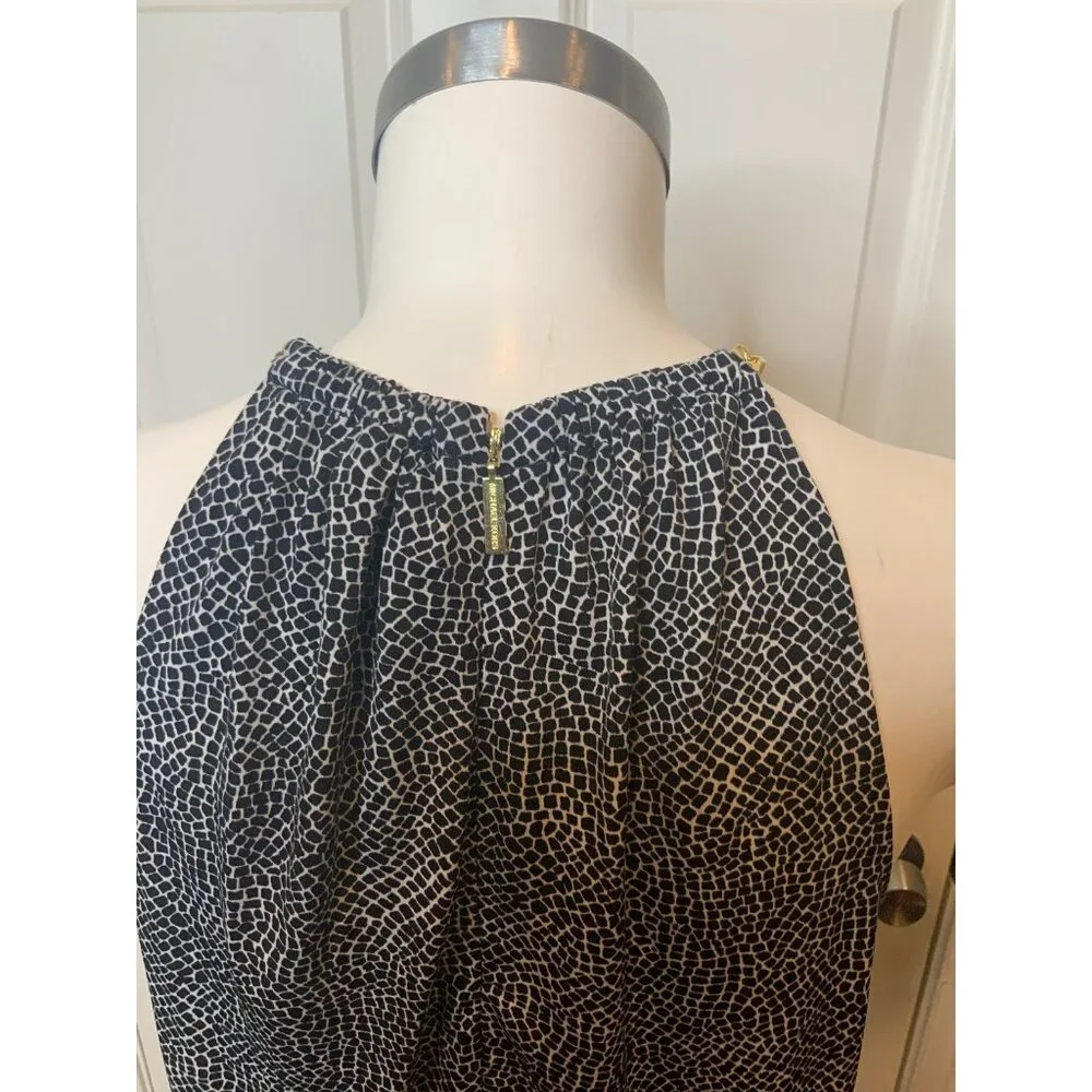 Michael Kors Black White Animal Print Sleeveless Dress W/ Gold Chain, Size S